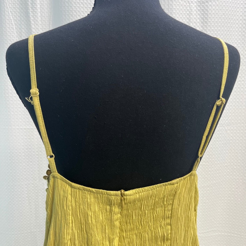 Umgee Chartreuse Yellow Crinkle Mini Dress Scalloped Lace V-Neck Medium C4524 - Picture 4 of 6